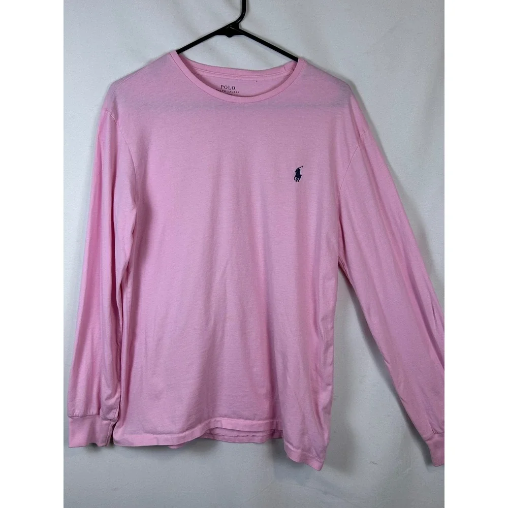 Polo Ralph Lauren Mens Long Sleeve T-Shirt Pink Crewneck Pony Logo Size Medium